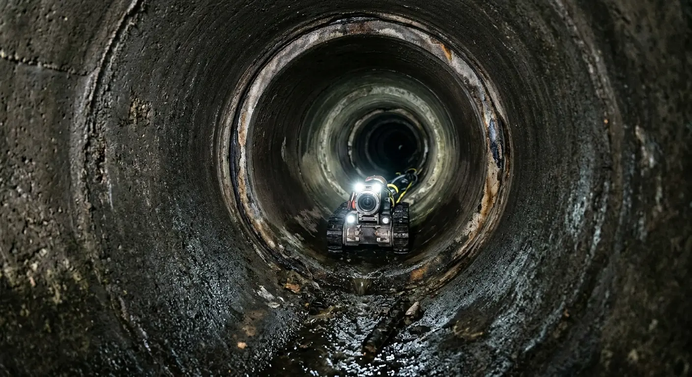 Robotic sewer camera inspecting pipe interior for Sewer Line Cleaning in Ellicott