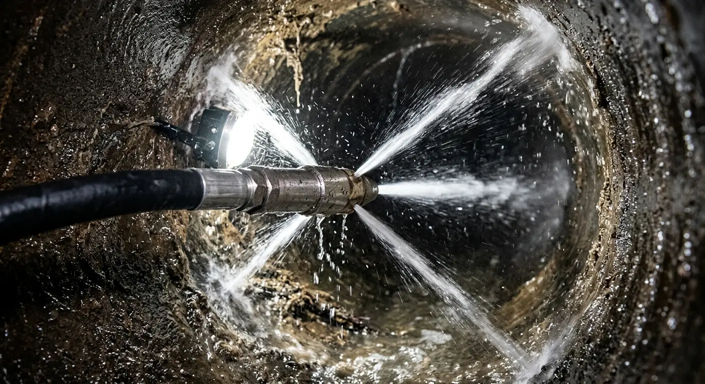 High-pressure hydro jetting nozzle cleaning sewer pipe for Sewer Cleanout in Ellicott