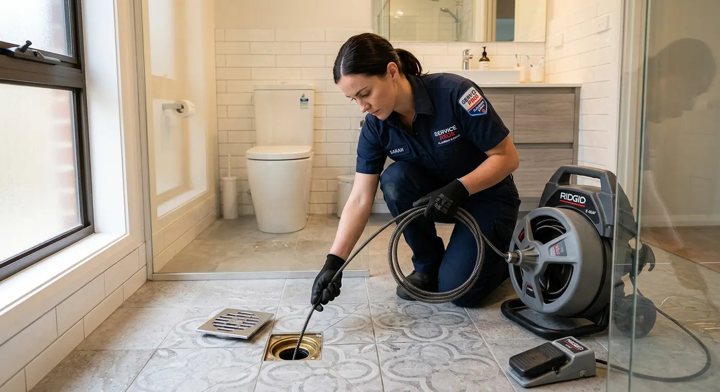 Technician clearing a bathroom floor drain for Sewer Line Replacement in Ellicott